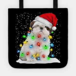 White Shih Tzu Christmas Santa Hat Xmas Tree Color Lights Tote