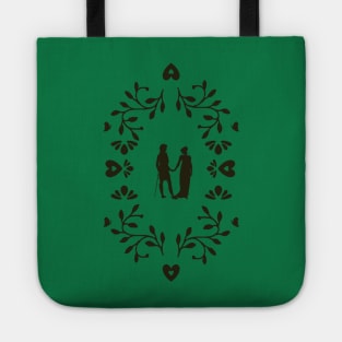 Pride and Prejudice Silhouette of Mr. Darcy and Elizabeth Bennet from Writer Jane Austen in a Folk Art Botanical Frame With Romantic Hearts and Butterflies Black and White Victorian Frame Tote