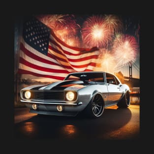 Classic Chevrolet Camaro and The American Flag by Gas Autos T-Shirt