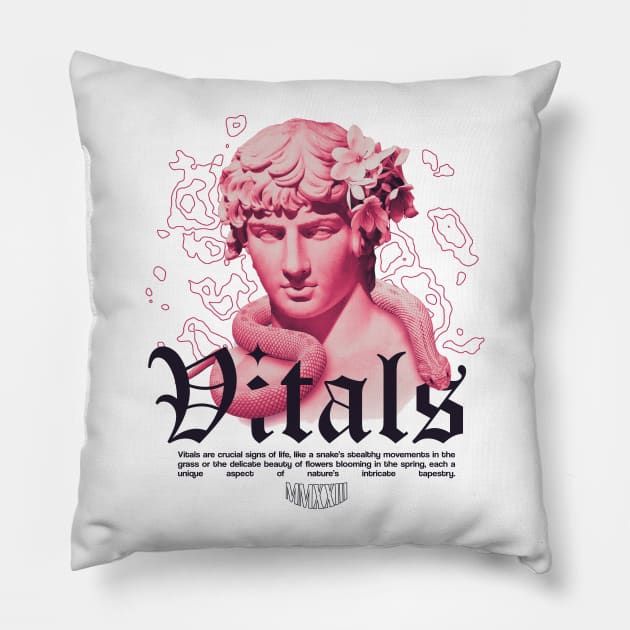 Vitals MMXXIII Pink Statue Snake Flowers Vibrant Modern Streetwear Graphic Design Pillow by PW Design & Creative