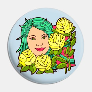 Green Haired Woman with Yellow Roses Pin