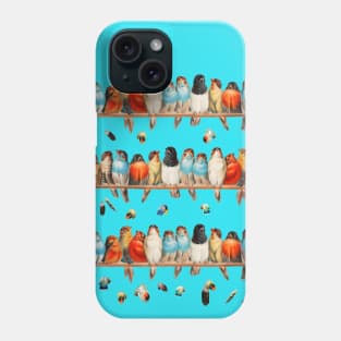A PERCH OF COLORFUL BIRDS AND FLYING FEATHERS IN BLUE SKY Phone Case