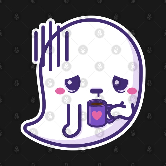 Tired kawaii ghost with coffee cup - white outline by Sugar & Bones