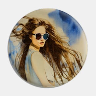 Long Haired woman in sunglasses Pin