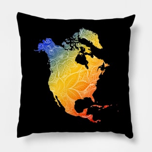 Colorful mandala art map of North America with text in blue, yellow, and red Pillow