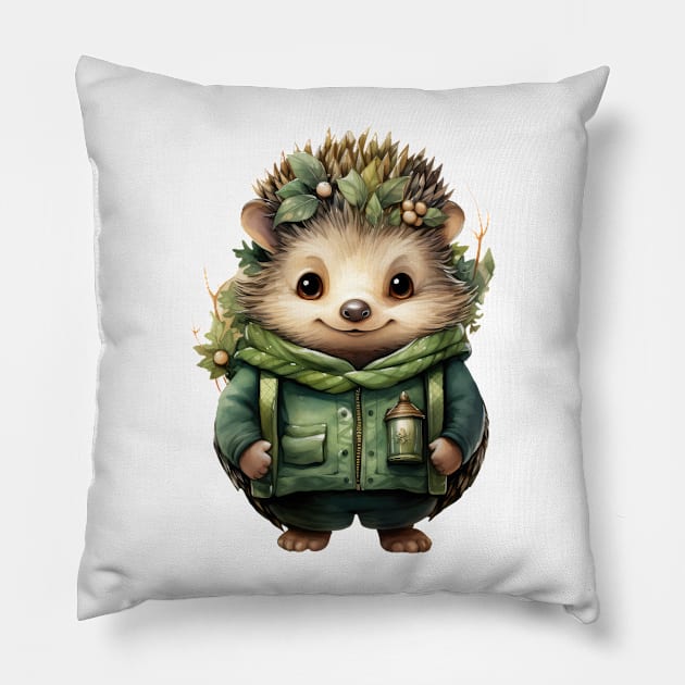 Whimsical Green Christmas Hedgehog Pillow by Chromatic Fusion Studio