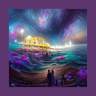 Cosmic Santa Monica Pier AI created Digital Art T-Shirt