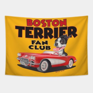 Cute fur baby Boston Terrier riding in Yellow Classic Car Tapestry