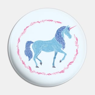 Blue unicorn in a pink floral wreath Pin