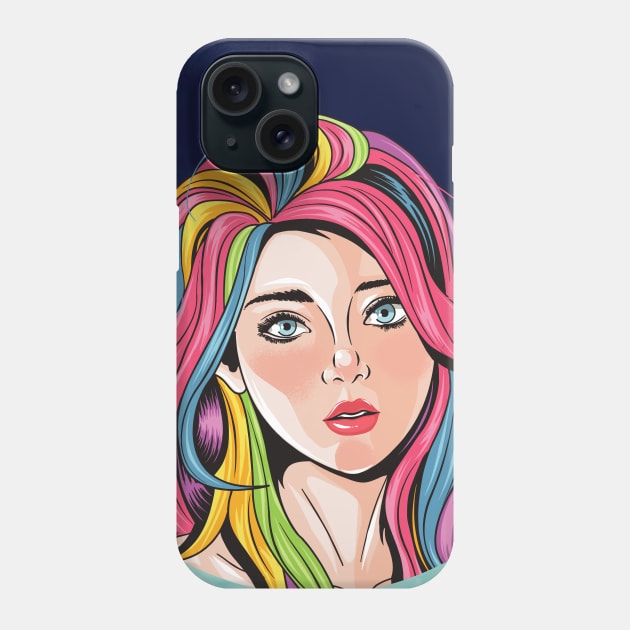 Look of innocence, Beautiful girl face with blue eyes and full color unicorn rainbow hair Art Print Phone Case by Modern Art