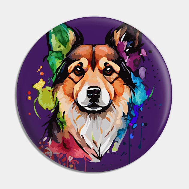 Colorful Dog Digital Watercolor Portrait Pin by DestructoKitty