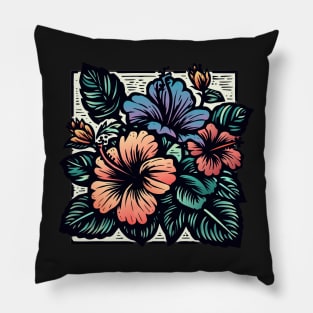 Bright Tropical Hibiscus Flower Woodcut Design Pillow