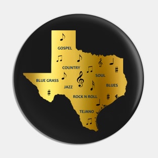 Texas Music notes and genres in a gold Texas State Map Pin