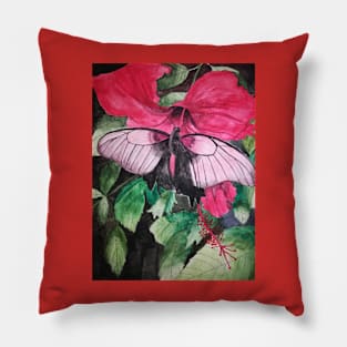 Pink butterfly and red hibiscus flower Pillow