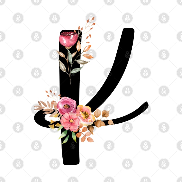 Letter K With Watercolor Floral Wreath by NatureGlow