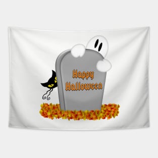 Halloween Cartoon Gravestone, Ghost, Cats & Fall Leaves Tapestry