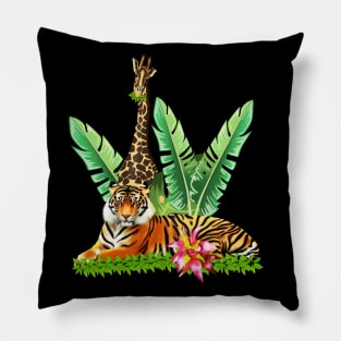 Tiger design with Giraffe Tropical Floral Style Pillow