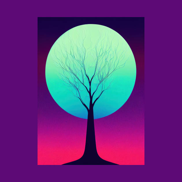 Lonely Tree Under a Blue Full Moon -Vibrant Colored Whimsical - Abstract Minimalist Bright Colorful Nature Poster Art of a Leafless Branches by JensenArtCo