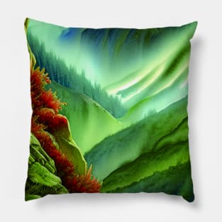 Digital Painting Of a Lush Wet Green Natural Mountains Pillow