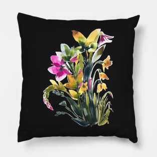 Yellow and pink Spring flowers, watercolor Pillow