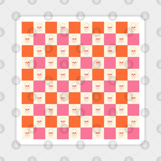 Checkerboard Skulls in Pink, Orange, & Cream Magnet by LAEC