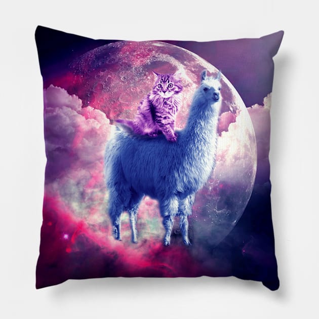 Outer Space Galaxy Kitty Cat Riding On Llama Pillow by Random Galaxy