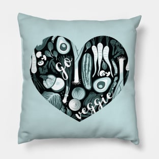 Go veggie // heart print // black background pine and mint vegetables Pillow