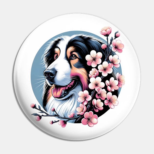 Polish Lowland Sheepdog's Joyful Spring with Cherry Blossoms Pin by ArtRUs