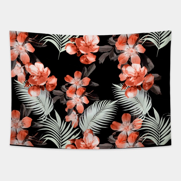 Palm Leaves And Flowers, Red Black Tapestry by Random Galaxy