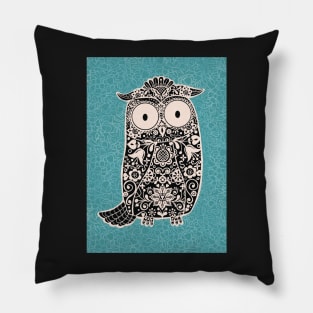 Black and White Folk Art Owl on Teal floral background Pillow