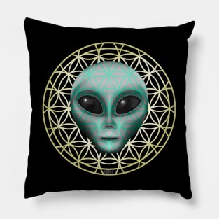 Grey Xenomorph Alien being on Flower of Life Symbol Pillow