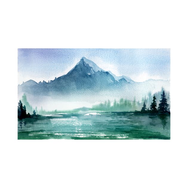 Watercolor painting of lake and misty mountain by pickledpossums