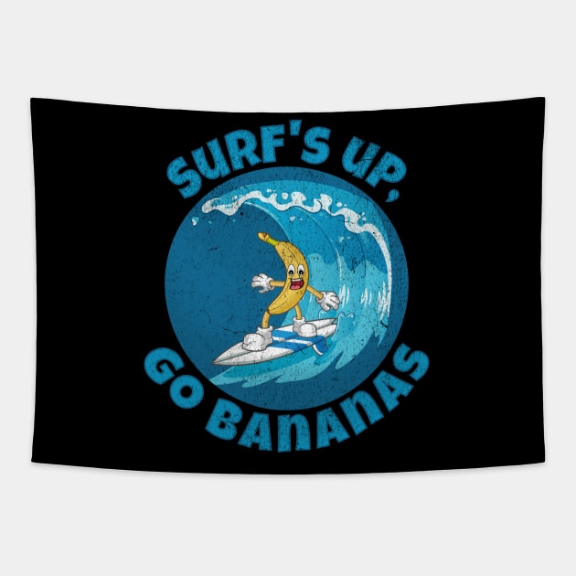 Funny Surf´s up, go bananas surfing on a great ocean wave Tapestry by Andy Banana