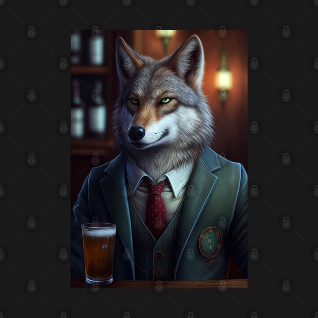 Wild And Classy Barkeeper Wolf In A Suit - Unique Wildlife Art Print For Fashion Lovers by Whimsical Animals