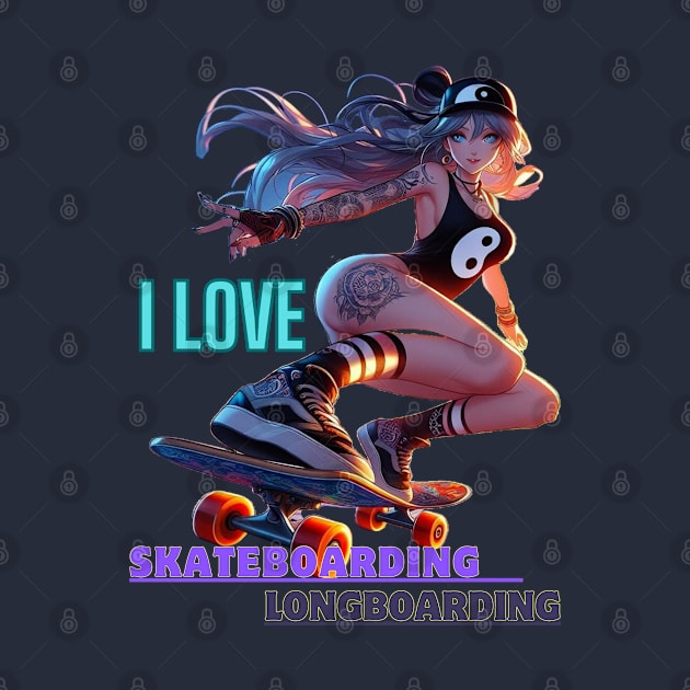 Kawaii, Anime Girl, I Love, Skateboarding & Longboarding by Catsie Cat