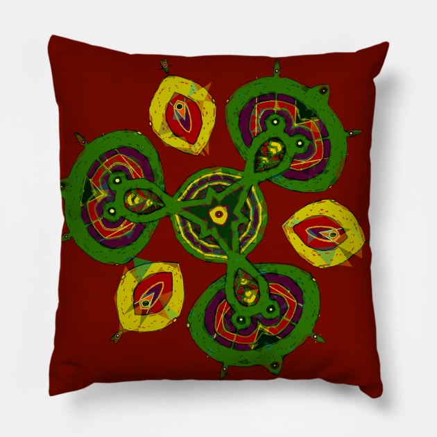 Petaaw Dance of the Cowrie Mystical African Patterns Red Yellow Green Pillow by Tony Cisse Art Originals