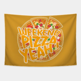 WEEKEND PIZZA YEAH! Crispy Delightful Slices - Vibrant Black, White, Red, Yellow, Orange, Green Tapestry