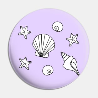 White Cartoon Seashells and Starfish Pattern on a Lavender Backdrop, made by EndlessEmporium Pin