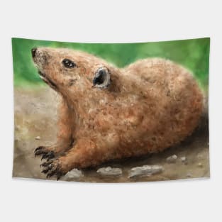 Painting of a Groundhog Looking Up, in a Green Field Tapestry