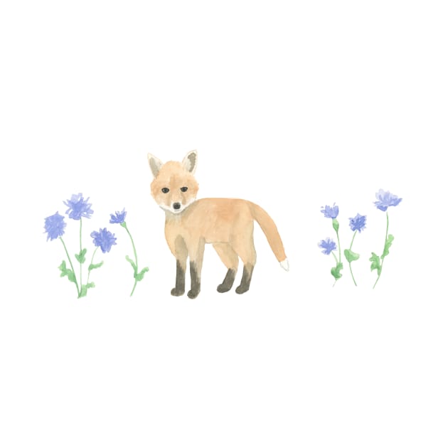 Baby Fox with Blue Cornflowers by wynbre