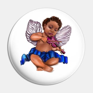 Black Angel playing the violin - Sun kissed curly haired Baby cherub angel classical art Pin