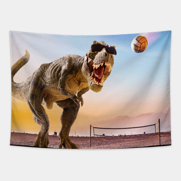 Funny T-Rex Dinosaur Playing Volleyball Tapestry by Random Galaxy