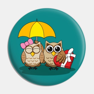 Cute Owl Lovers with Umbrella and Red Chocolate Box Pin