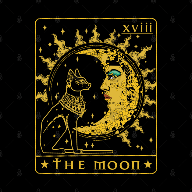 Tarot Card Crescent Moon Cleopatra And Sphynx Cat Egypt by PunnyPoyoShop