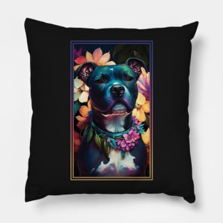 American Staffordshire Terrier Pitbull Vibrant Tropical Flower Tall Digital Oil Painting Portrait  3 Pillow