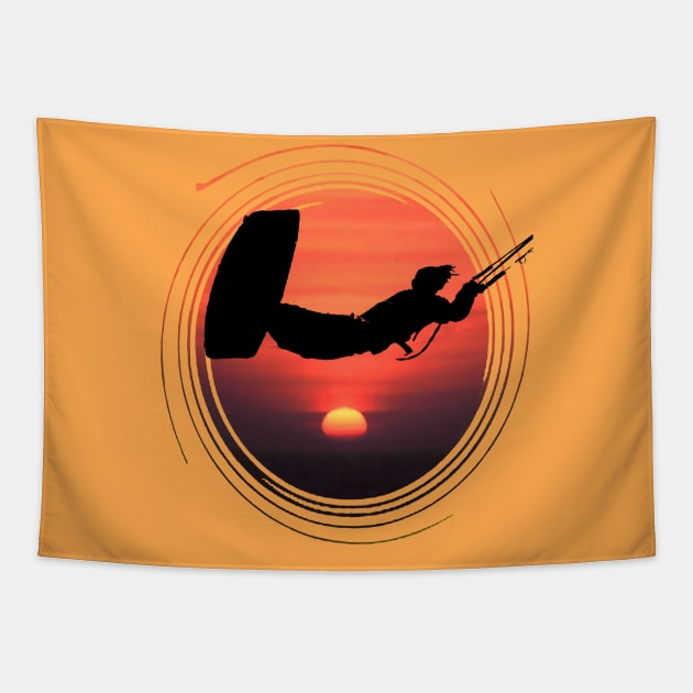 Kiter Action Freestyle Artistic Black Vector And Sunset Tapestry by taiche