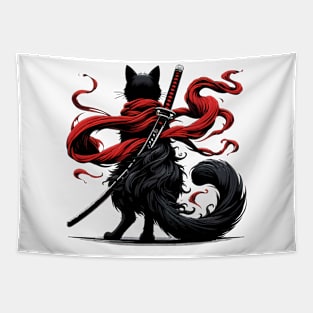 Black Cat Samurai Ninja Japan Art Tapestry