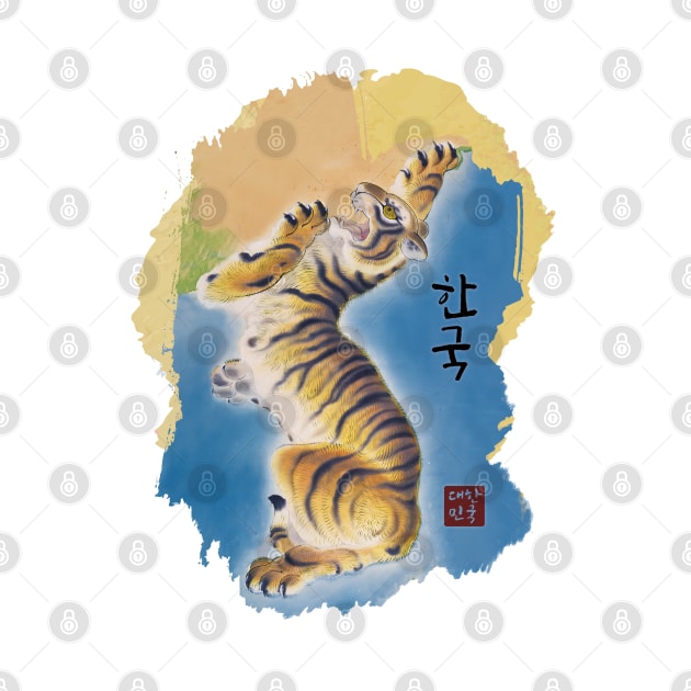 korea map made of tiger drawing with hangul calligraphy, south korea vintage art gifts for people who love korean culture by korean-design