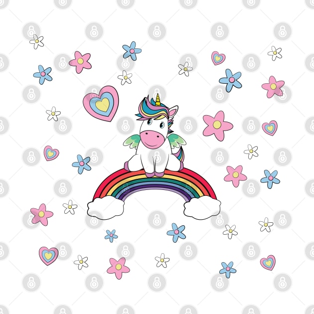 Unicorn Sits On A Rainbow With Hearts And Flowers by brodyquixote