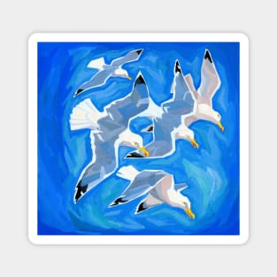 Five Flying Seagulls Against Blue Sky Magnet